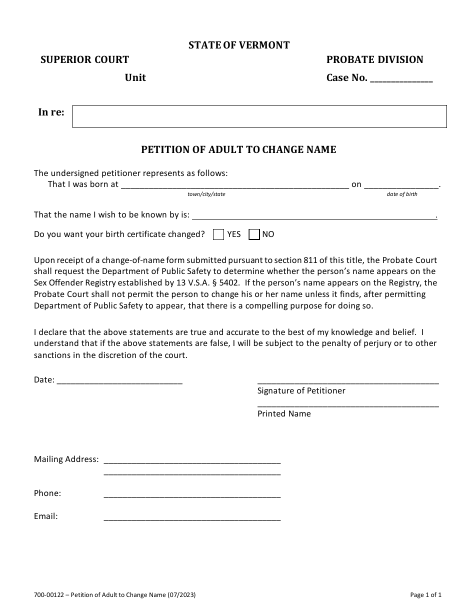 Form 700-00122 Petition of Adult to Change Name - Vermont, Page 1