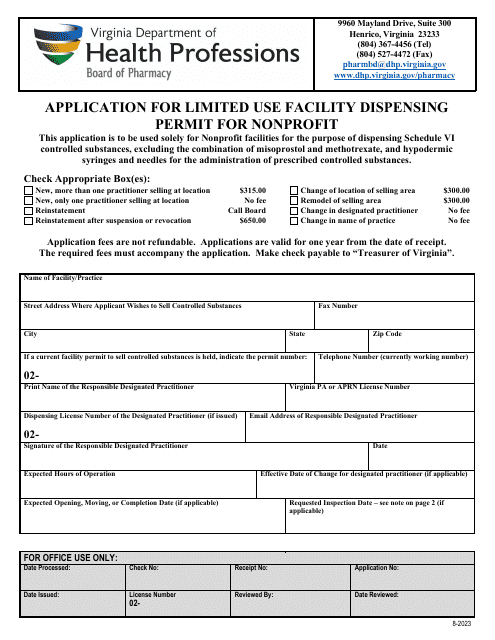 Application for Limited Use Facility Dispensing Permit for Nonprofit - Virginia