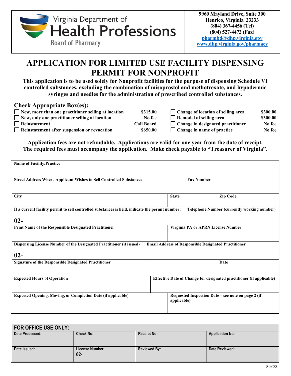 Application for Limited Use Facility Dispensing Permit for Nonprofit - Virginia, Page 1