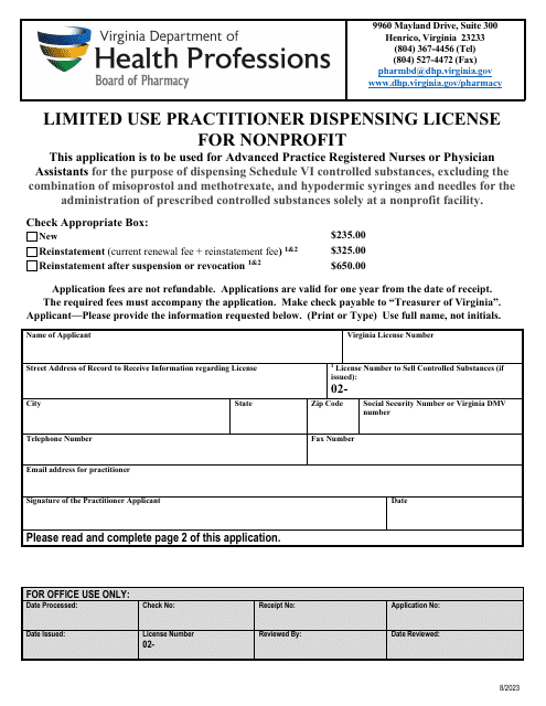 Limited Use Practitioner Dispensing License for Nonprofit - Virginia Download Pdf