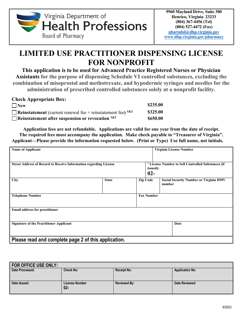Limited Use Practitioner Dispensing License for Nonprofit - Virginia, Page 1
