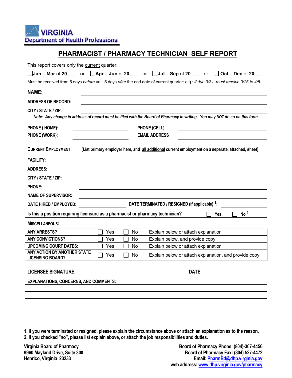 Pharmacist / Pharmacy Technician Self Report - Virginia, Page 1