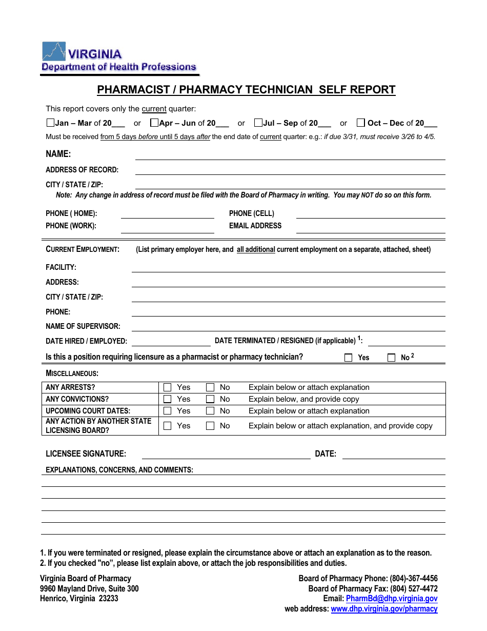 Virginia Pharmacist/Pharmacy Technician Self Report Fill Out Sign