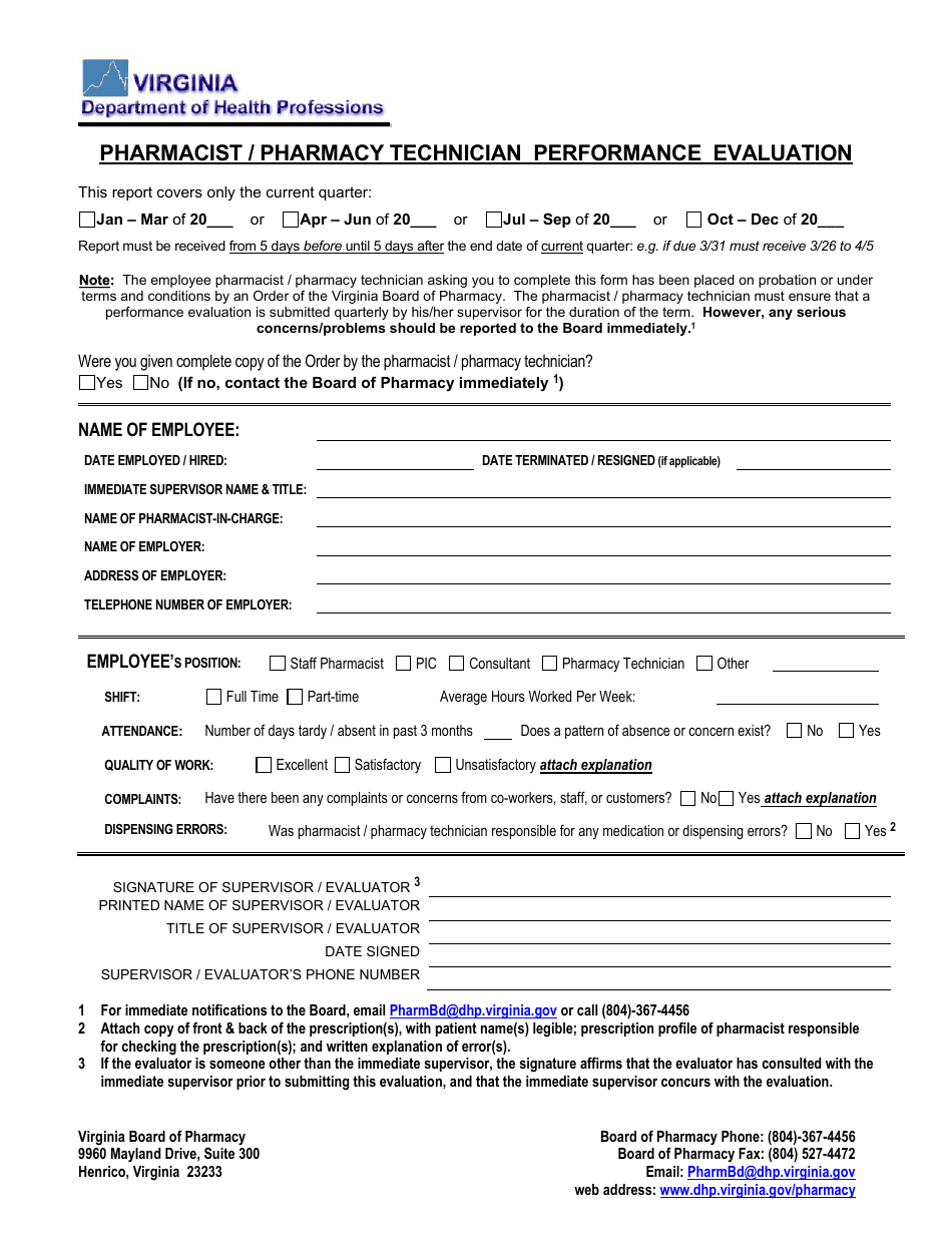 Pharmacist / Pharmacy Technician Performance Evaluation - Virginia, Page 1