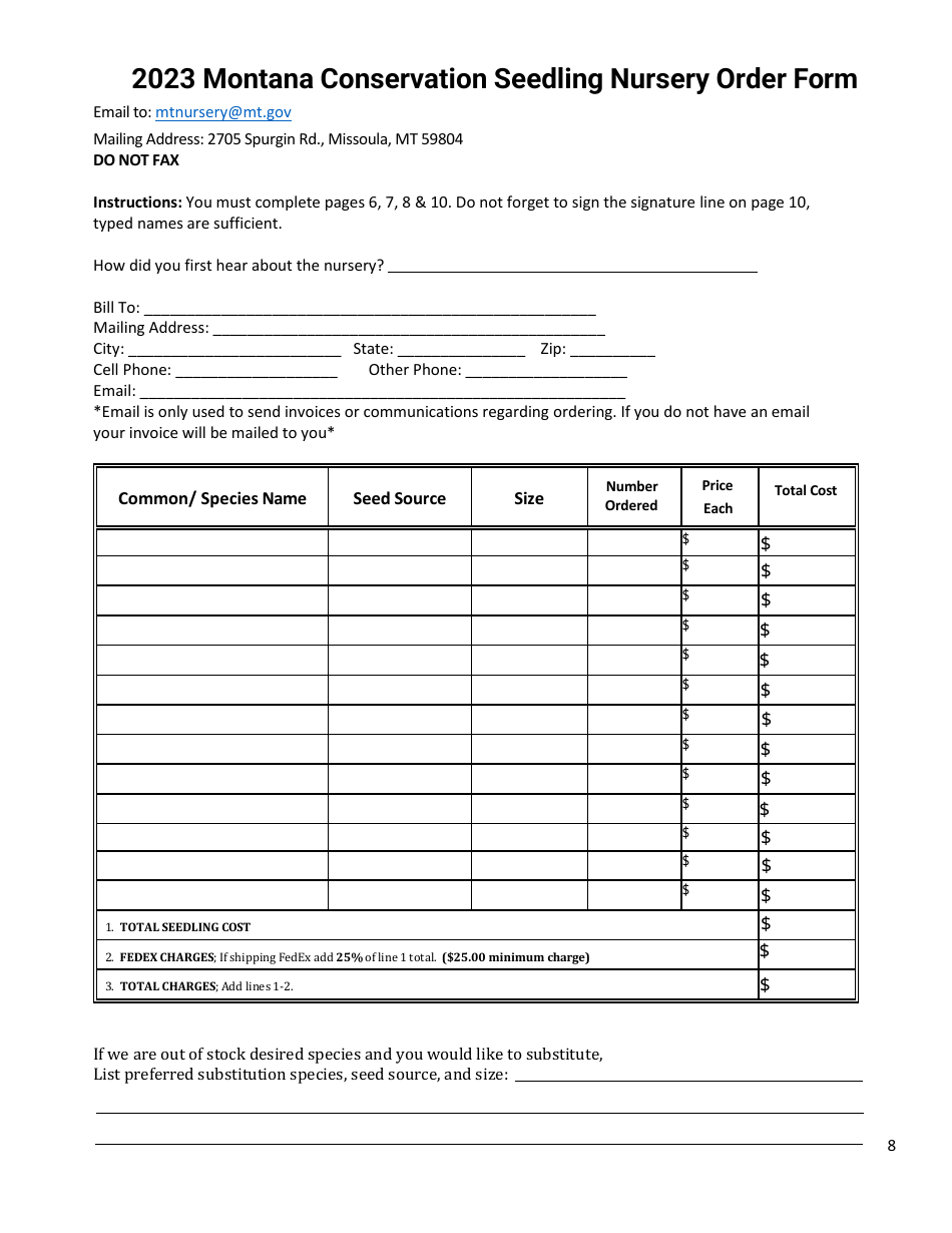 Montana Conservation Seedling Nursery Order Form - Montana, Page 8