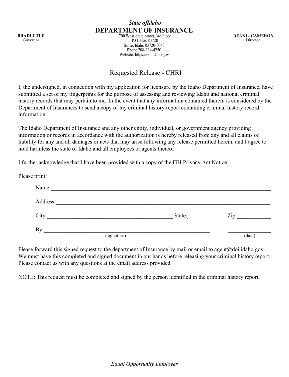 Idaho Requested Release - Chri - Fill Out, Sign Online and Download PDF ...