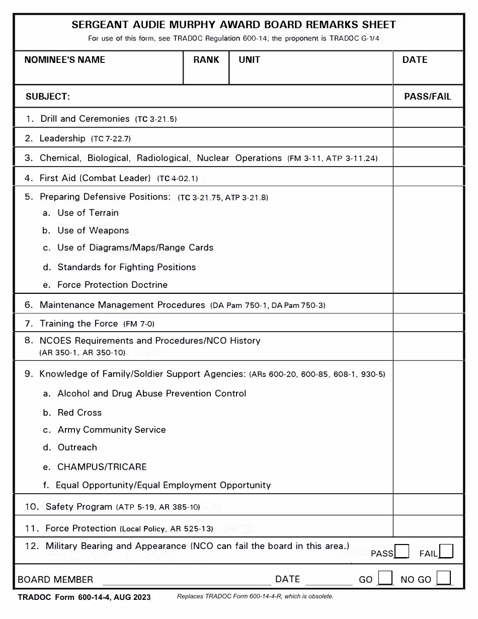 TRADOC Form 600-14-4 Sergeant Audie Murphy Award Board Remarks Sheet, Page 1
