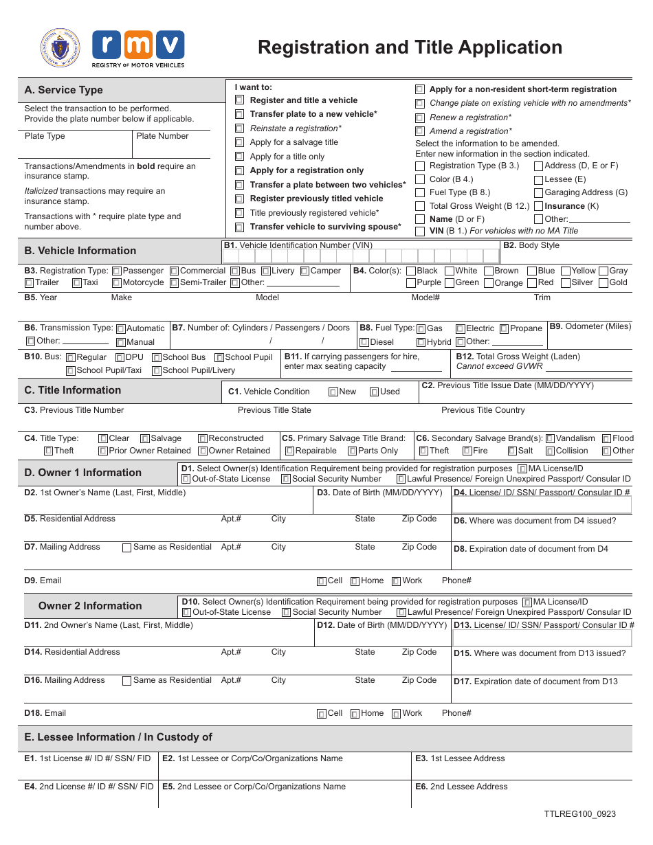 Form TTLREG100 Registration and Title Application - Massachusetts, Page 1