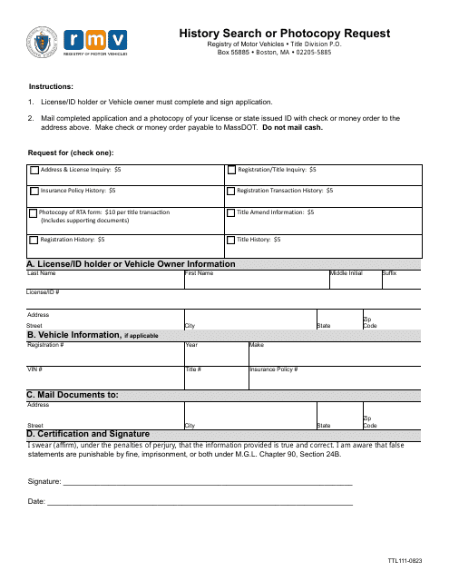 Form TTL111 History Search or Photocopy Request - Massachusetts