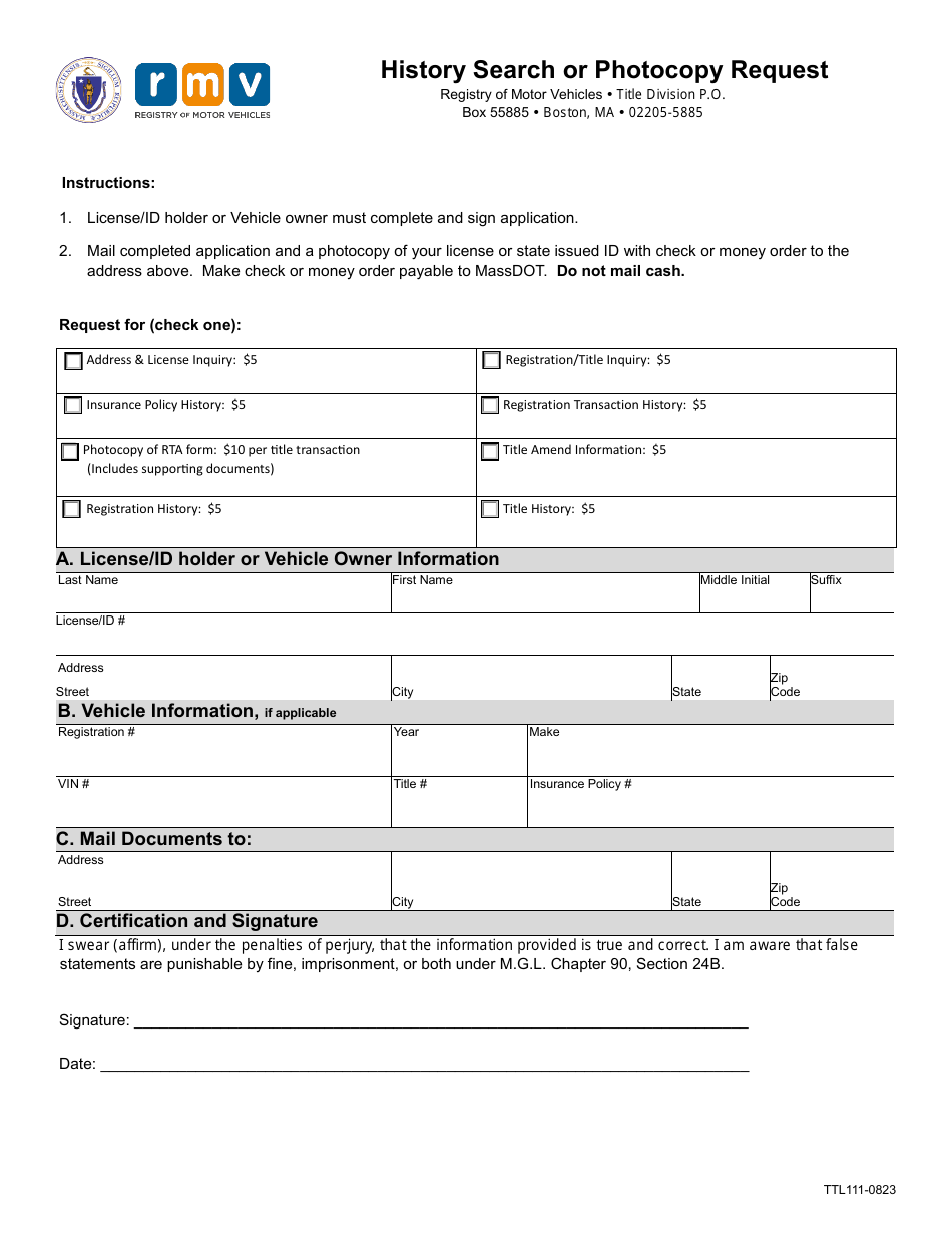 Form TTL111 History Search or Photocopy Request - Massachusetts, Page 1