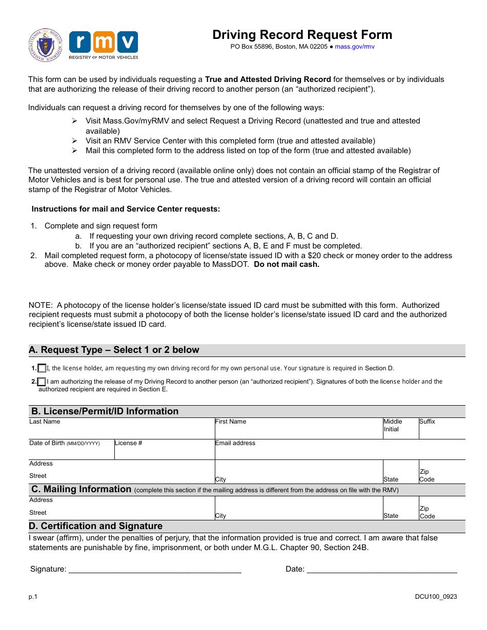 Form DCU100 Download Fillable PDF or Fill Online Driving Record Request ...