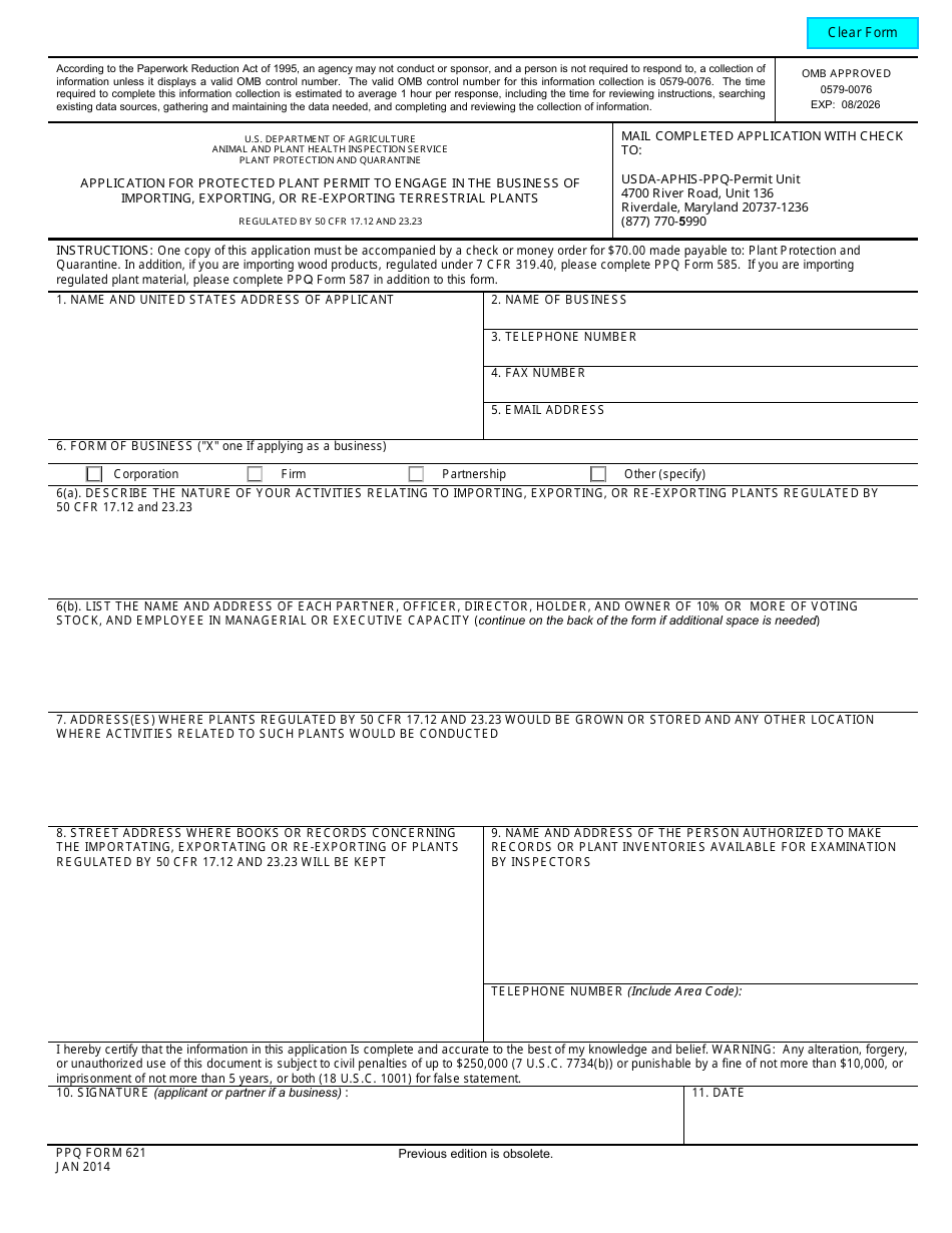 PPQ Form 621 Application for Protected Plant Permit to Engage in the Business of Importing, Exporting, or Re-exporting Terrestrial Plants, Page 1