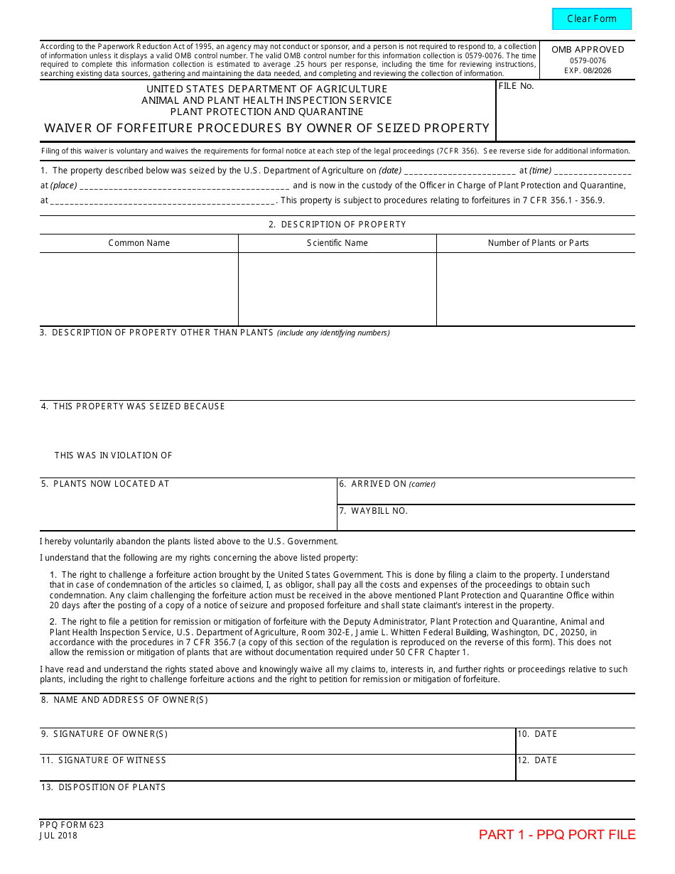 PPQ Form 623 Waiver of Forfeiture Procedures by Owner of Seized Property, Page 1