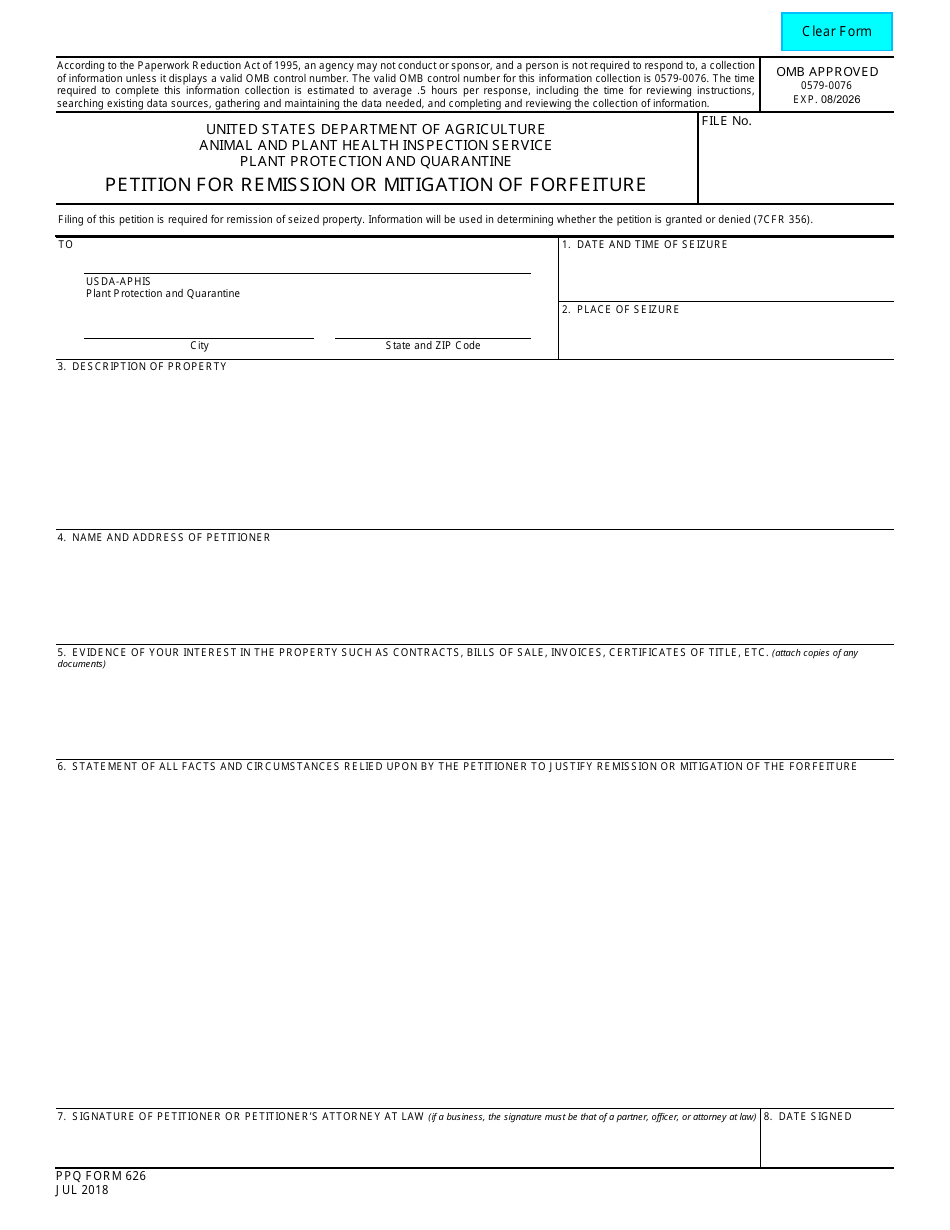 PPQ Form 626 Petition for Remission or Mitigation of Forfeiture, Page 1
