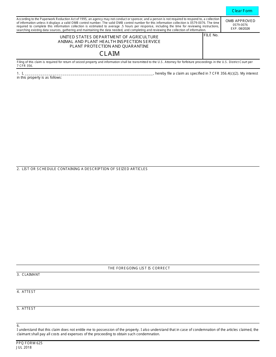 PPQ Form 625 Claim, Page 1
