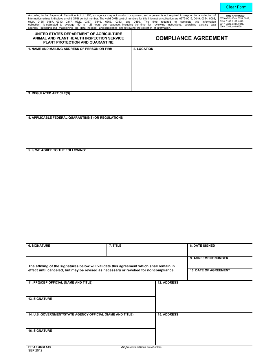 PPQ Form 519 Compliance Agreement, Page 1