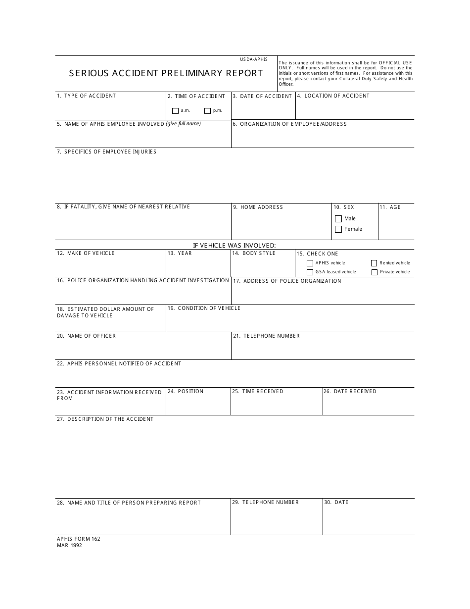APHIS Form 162 Serious Accident Preliminary Report, Page 1