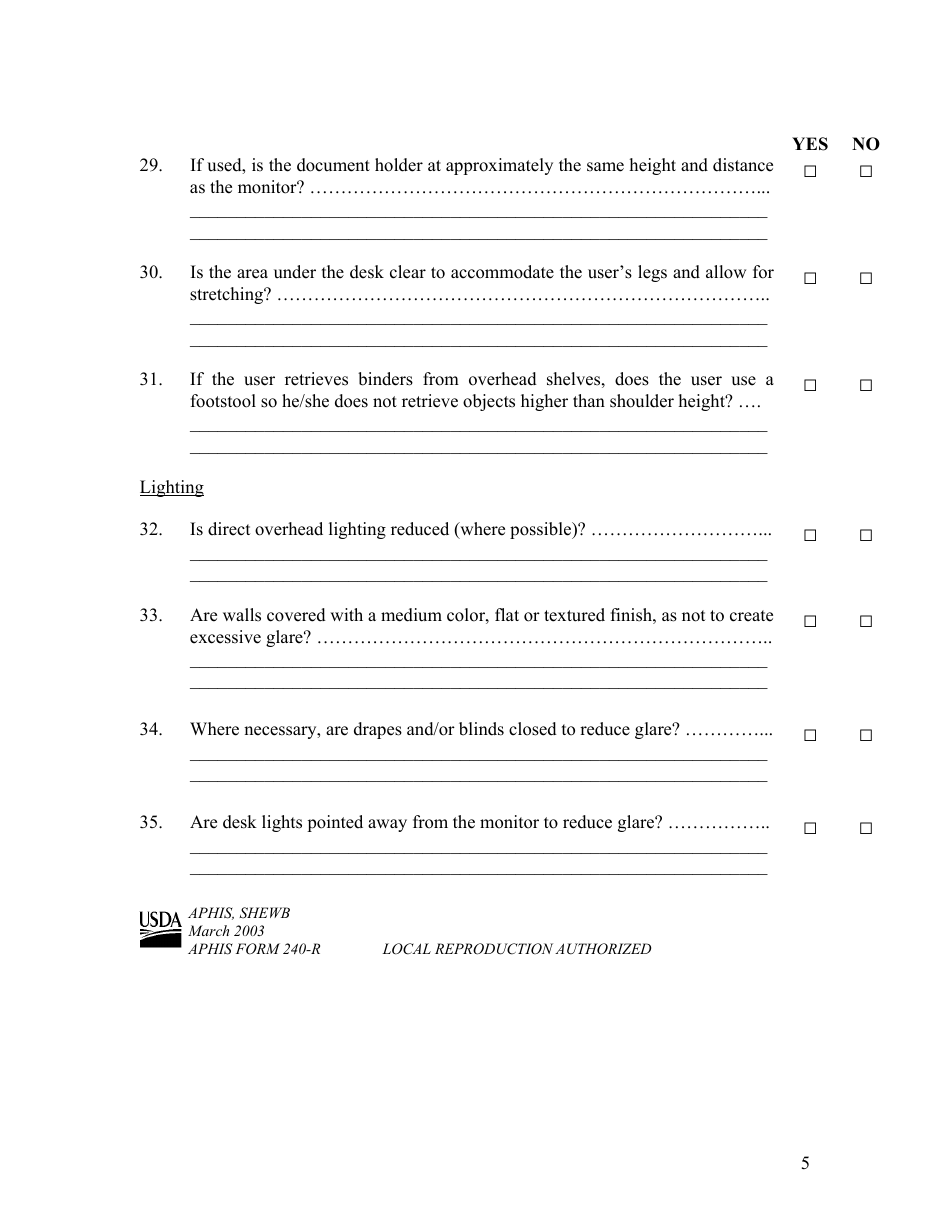 APHIS Form 240-R Usda Animal  Plant Health Inspection Service Office Ergonomic Evaluation Checklist (Oeec), Page 5