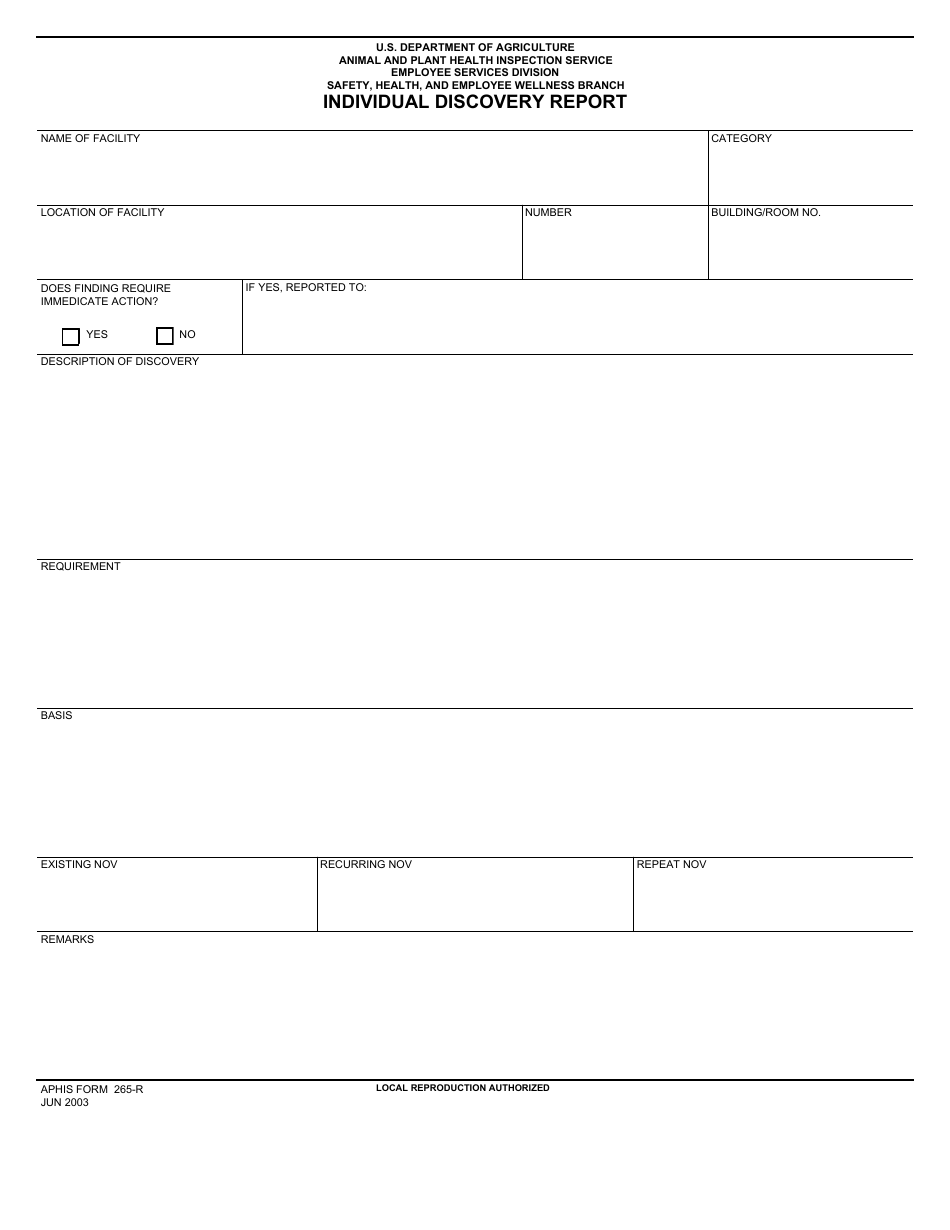 APHIS Form 265-R Individual Discovery Report, Page 1