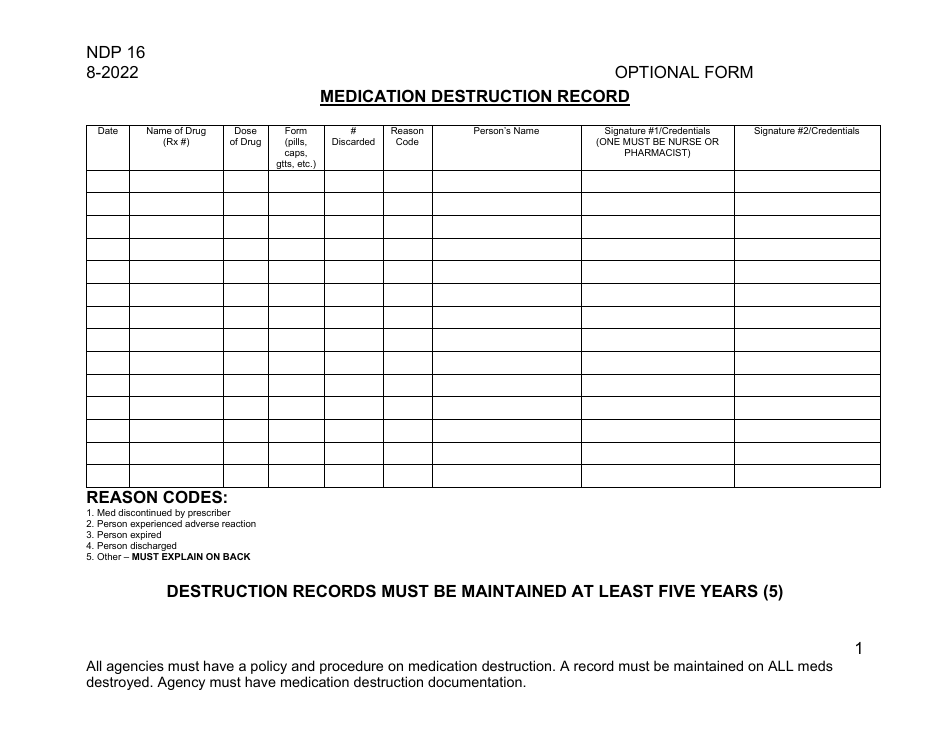 Form NDP16 Medication Destruction Record - Alabama, Page 1