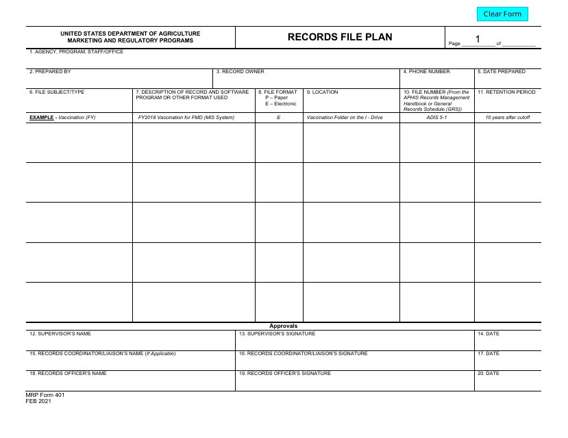 MRP Form 401 Records File Plan