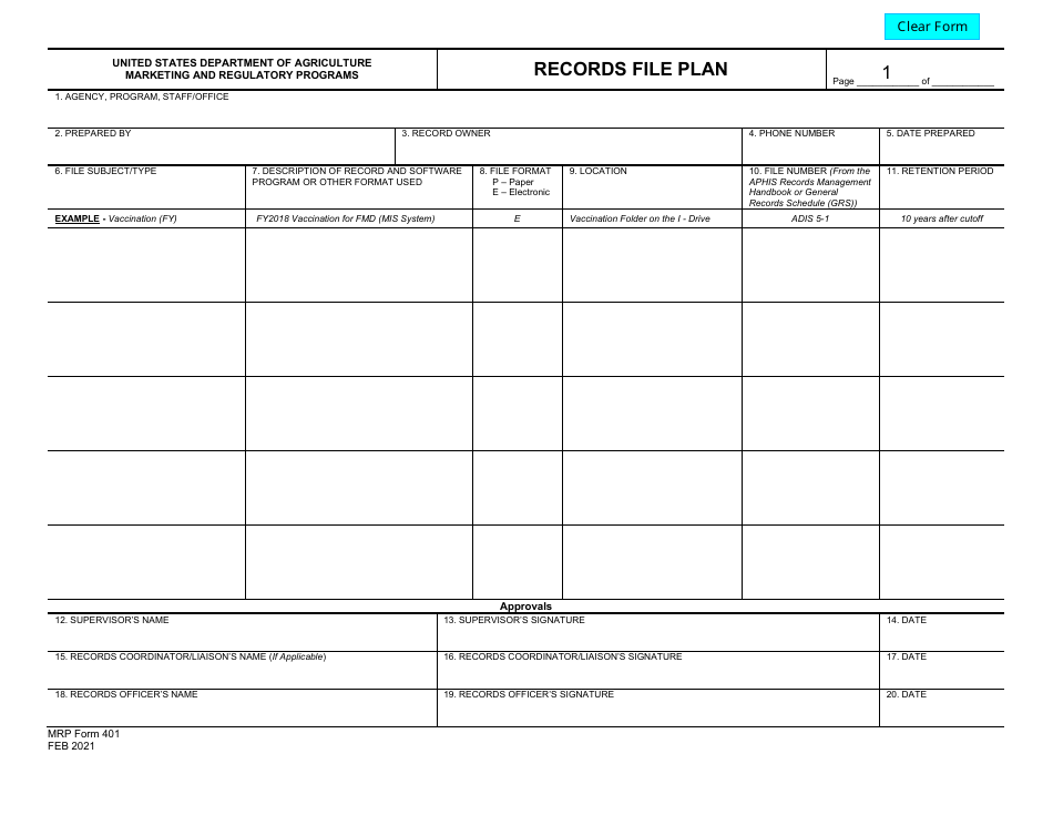 MRP Form 401 Records File Plan, Page 1