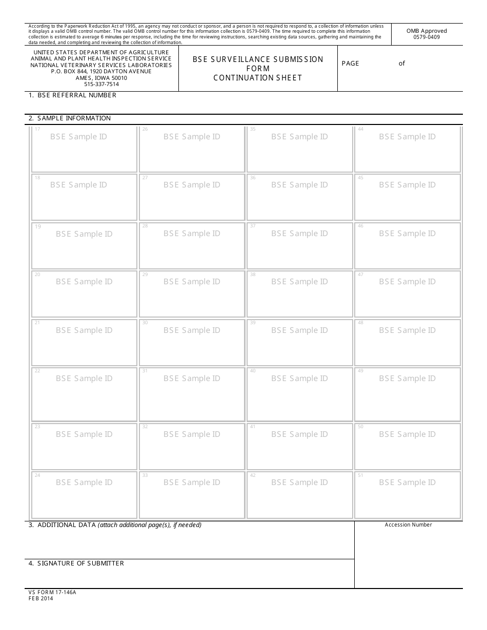 VS Form 17-146A Bse Surveillance Submission Form Continuation Sheet, Page 1