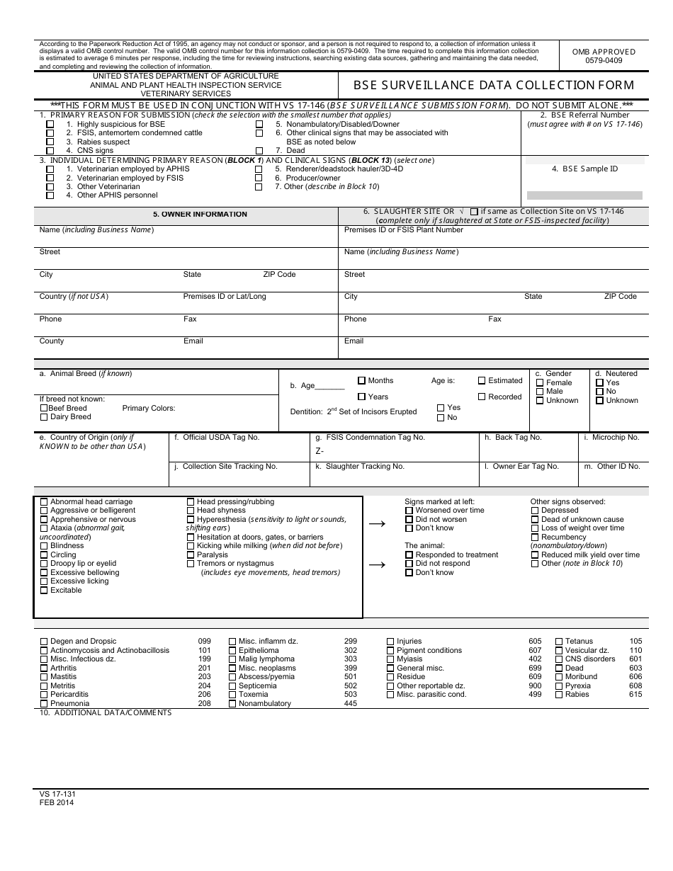 VS Form 17-131 Bse Surveillance Data Collection Form, Page 1