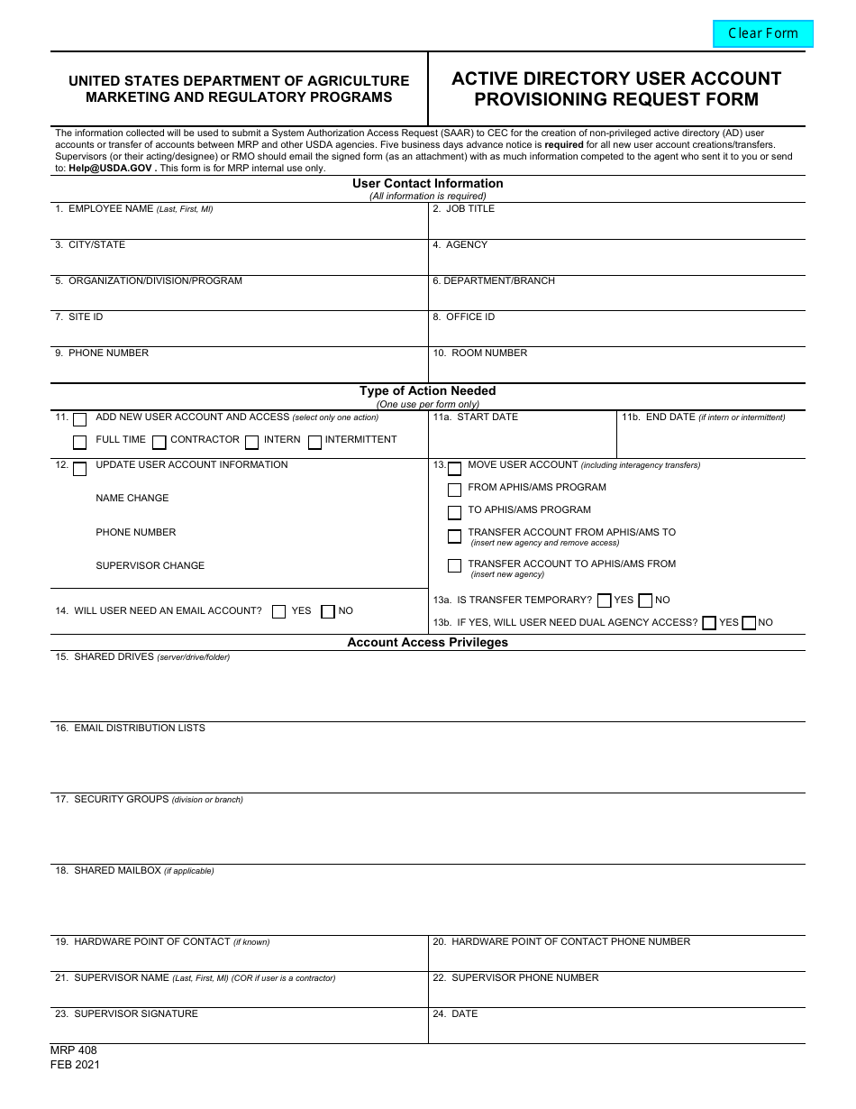 MRP Form 408 Active Directory User Account Provisioning Request Form, Page 1
