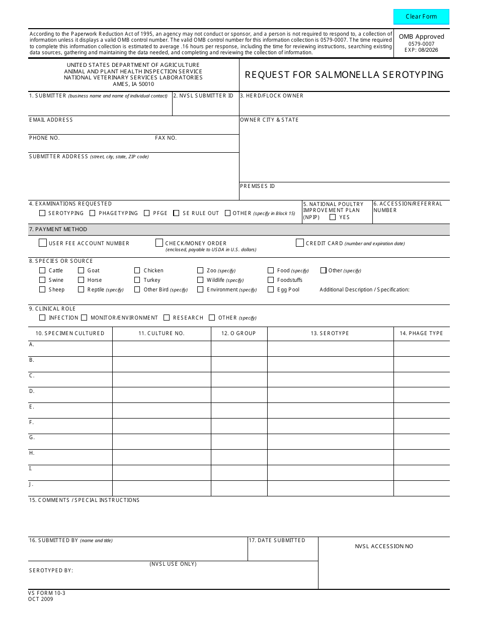 VS Form 10-3 Request for Salmonella Serotyping, Page 1