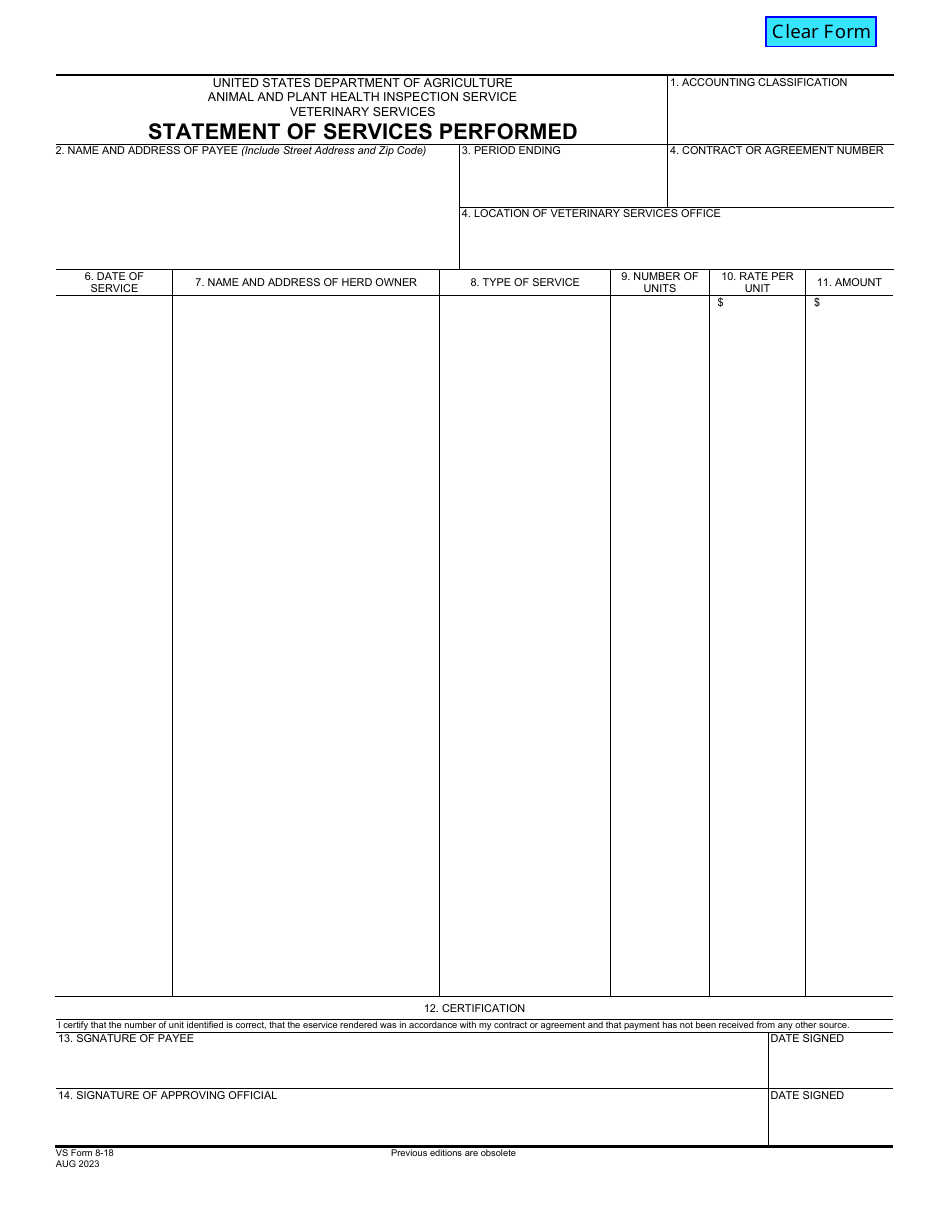 VS Form 8-18 Statement of Services Performed, Page 1