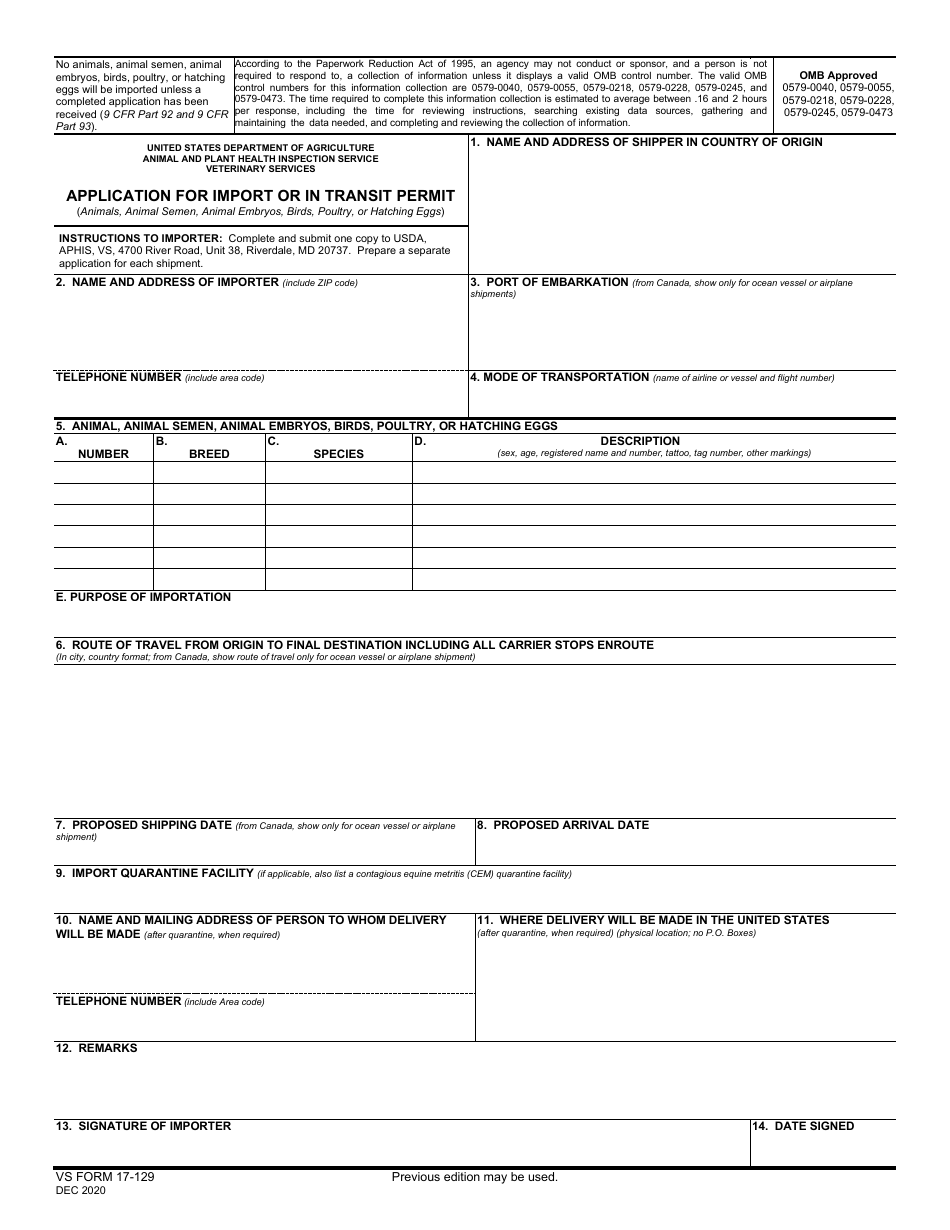 Form VS17-129 Application for Import or in Transit Permit, Page 1