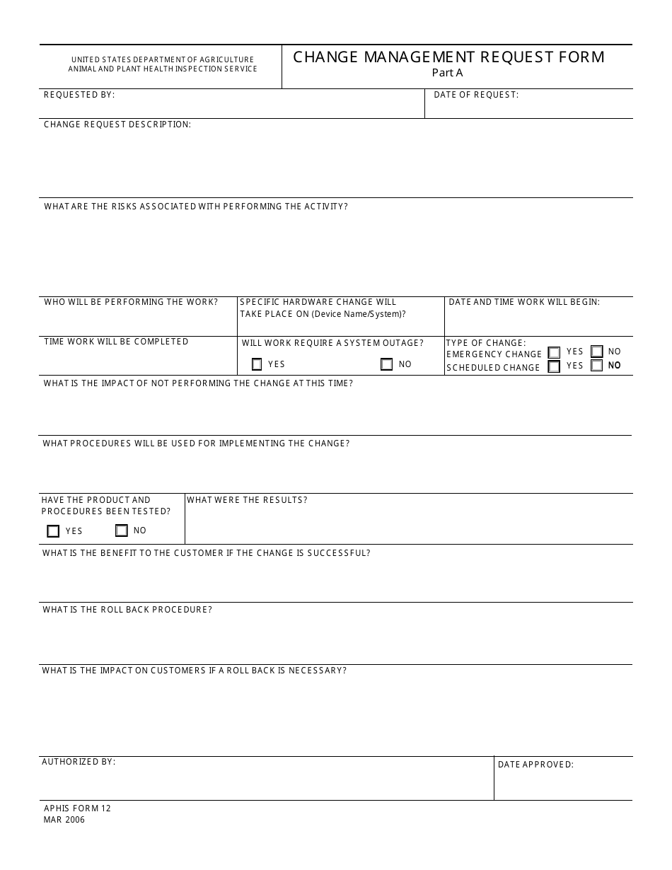 APHIS Form 12 Change Management Request Form, Page 1