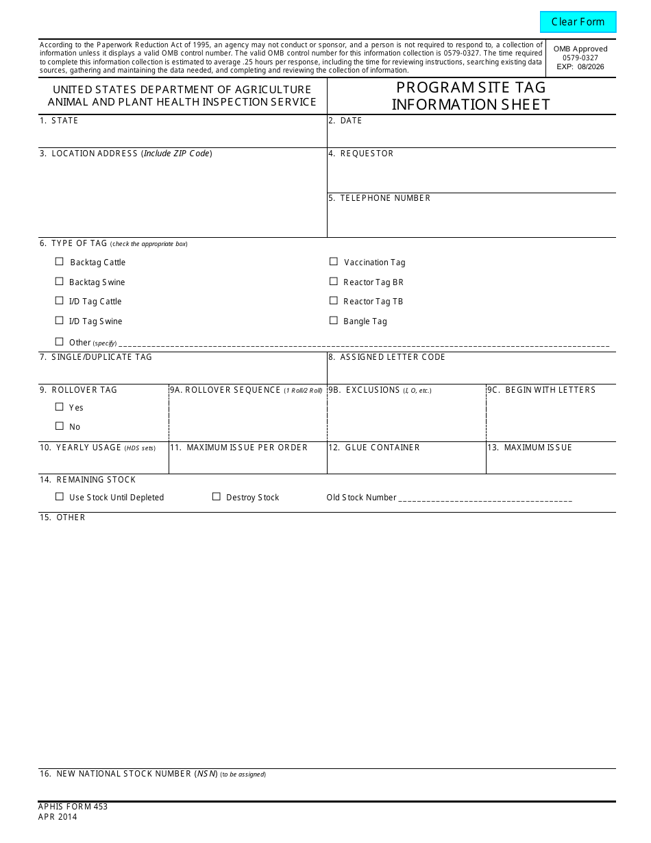 APHIS Form 453 Program Site Tag Information Sheet, Page 1
