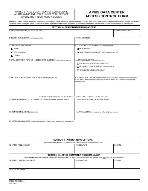 APHIS Form 514 Aphis Data Center Access Control Form