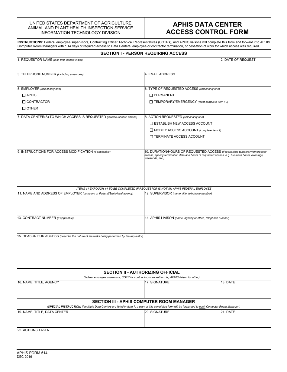APHIS Form 514 Aphis Data Center Access Control Form, Page 1