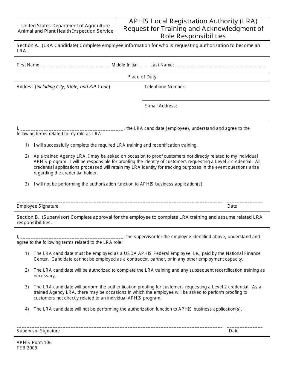 APHIS Form 106 Aphis Local Registration Authority (LRA) Request for Training and Acknowledgment of Role Responsibilities, Page 1