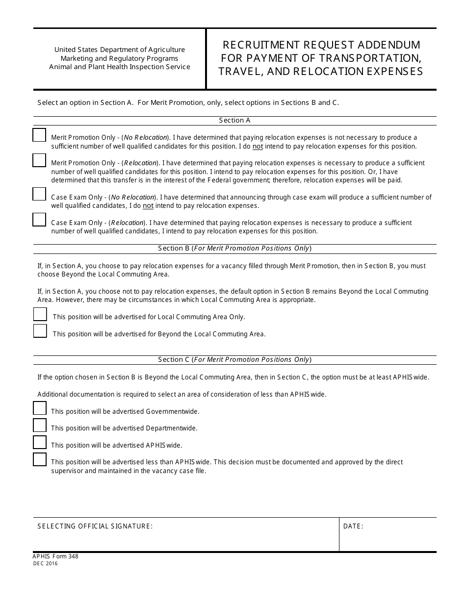 APHIS Form 348 Recruitment Request Addendum for Payment of Transportation, Travel, and Relocation Expenses, Page 1