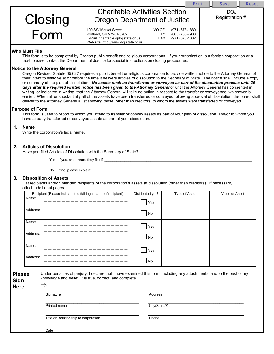 Charitable Activities Closing Form - Oregon, Page 1