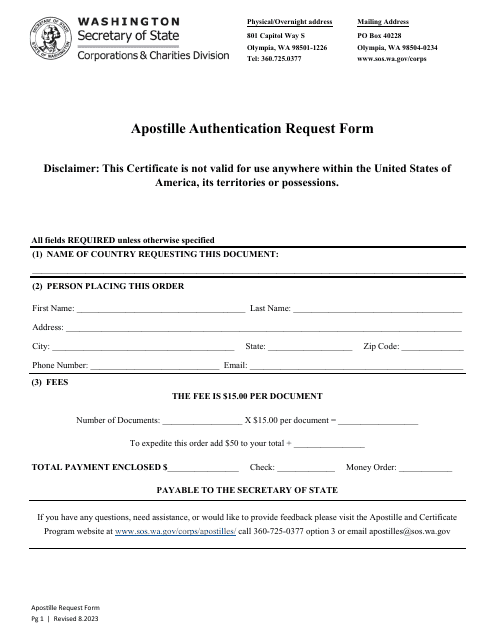 Apostille Authentication Request Form - Washington Download Pdf