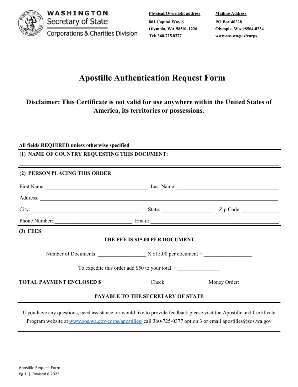 Apostille Authentication Request Form - Washington, Page 1