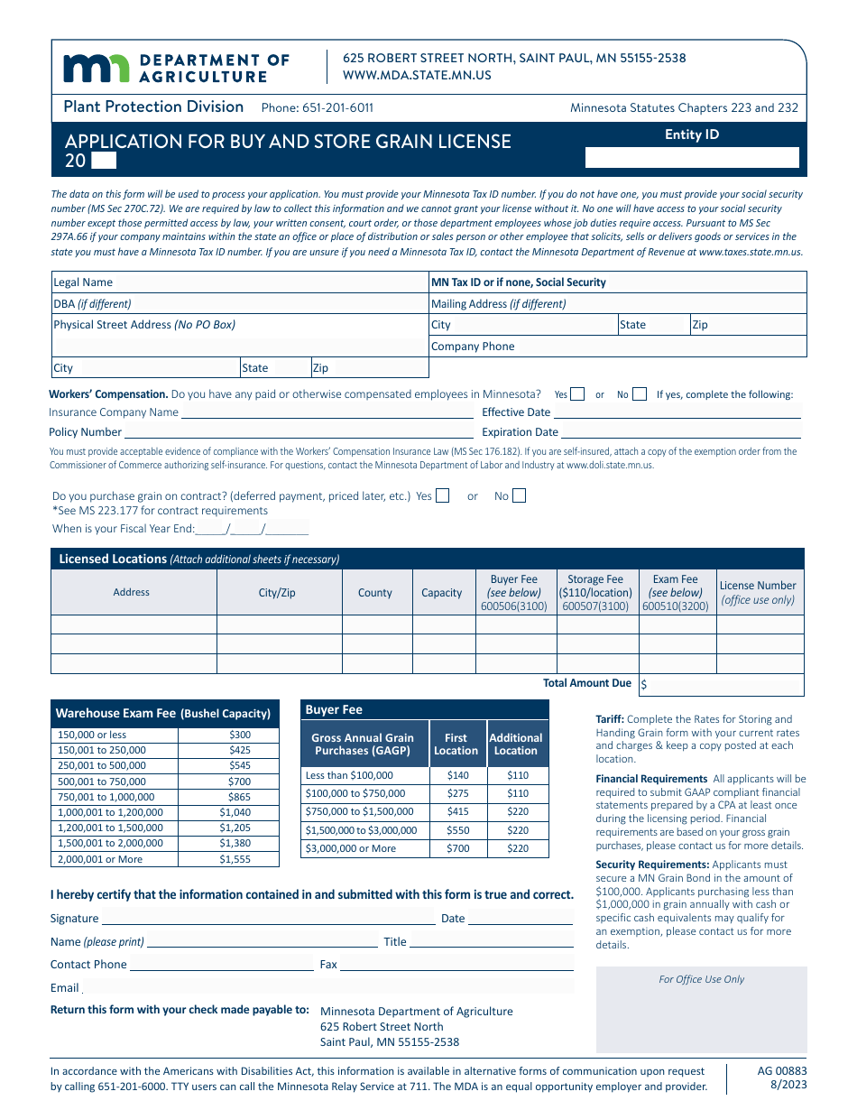 Form AG00883 Application for Buy and Store Grain License - Minnesota, Page 1