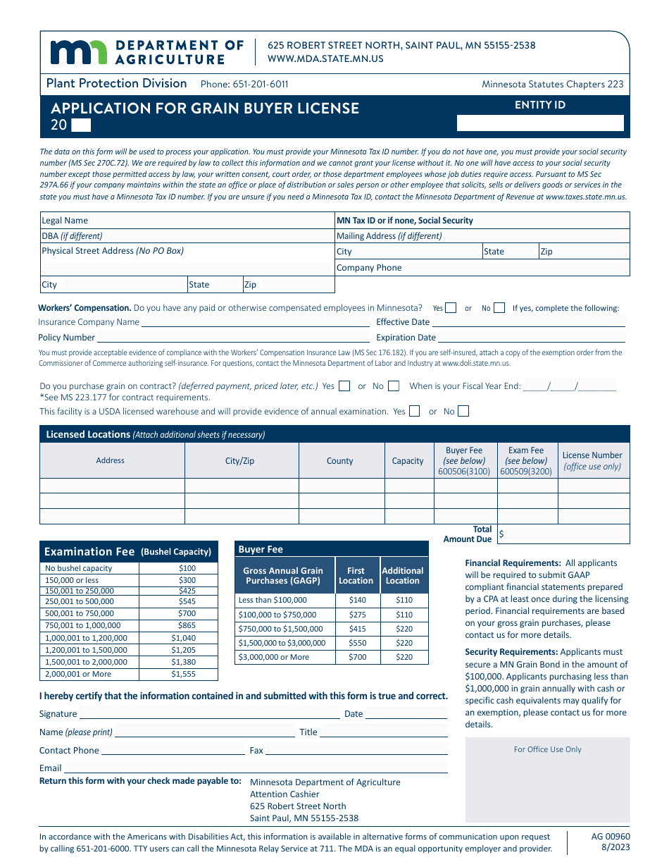 Form AG00960 Application for Grain Buyer License - Minnesota, Page 1
