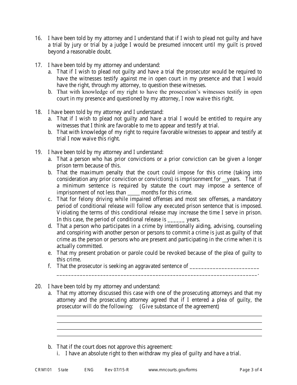 Form CRM101 Petition to Enter Plea of Guilty in Felony Case Pursuant to Rule 15 - Minnesota, Page 3