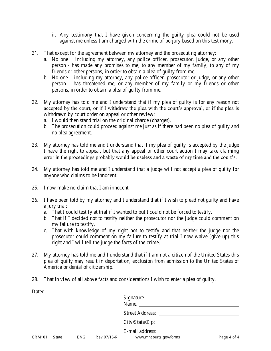 Form CRM101 Petition to Enter Plea of Guilty in Felony Case Pursuant to Rule 15 - Minnesota, Page 4