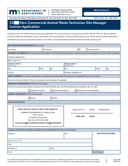 Form AG-01348 New Commercial Animal Waste Technician Site Manager License Application - Minnesota