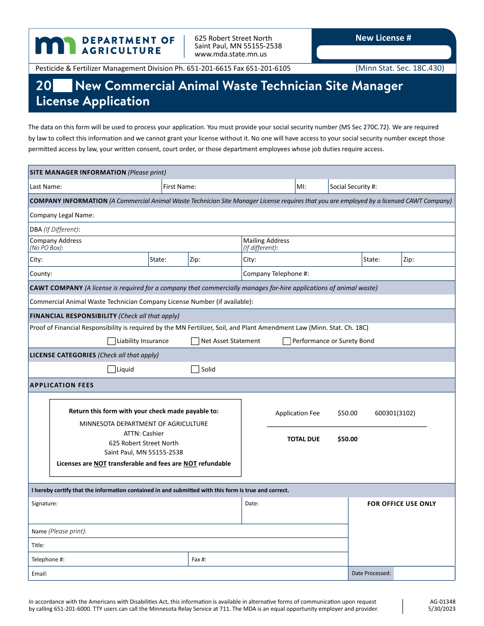 Form AG-01348 New Commercial Animal Waste Technician Site Manager License Application - Minnesota, Page 1