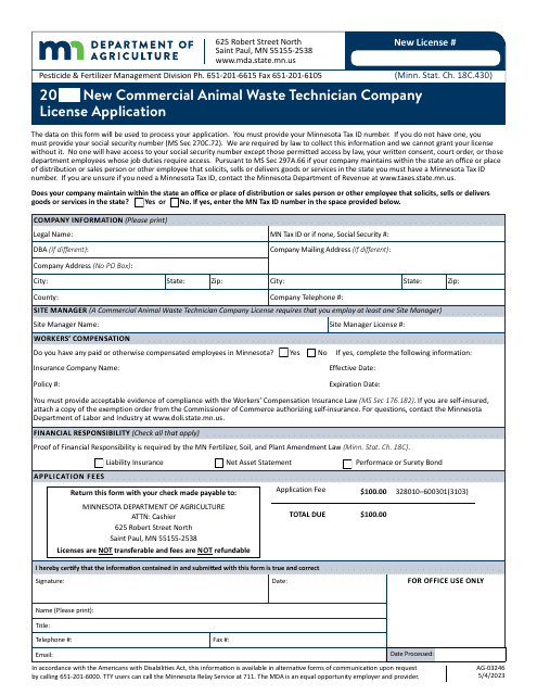 Form AG-03246 New Commercial Animal Waste Technician Company License Application - Minnesota