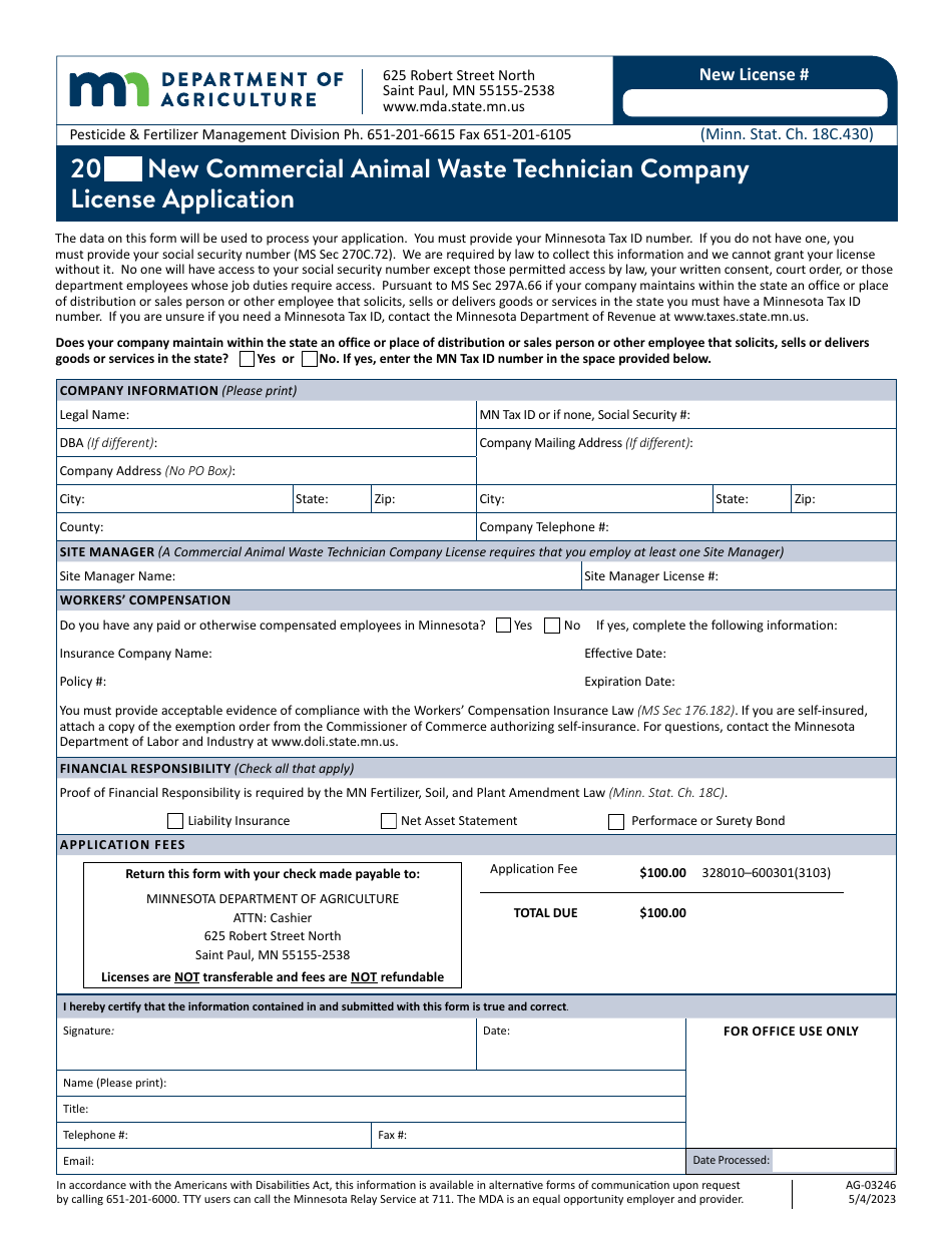 Form AG-03246 New Commercial Animal Waste Technician Company License Application - Minnesota, Page 1