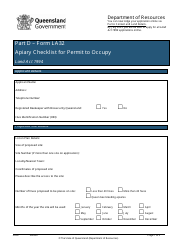 Document preview: Form LA32 Part D Apiary Checklist for Permit to Occupy - Queensland, Australia